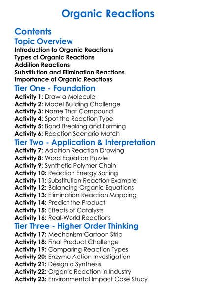 Organic Reactions Worksheet Activity Booklet