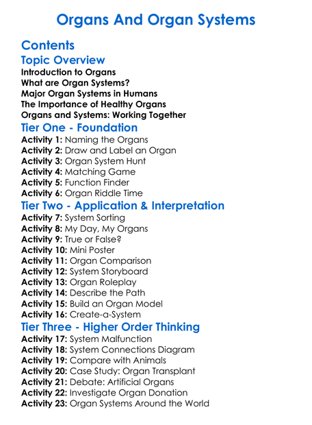 Organs And Organ Systems Worksheet Activity Booklet