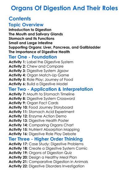 Organs Of Digestion And Their Roles Worksheet Activity Booklet