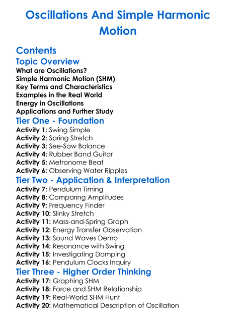 Oscillations And Simple Harmonic Motion Worksheet Activity Booklet