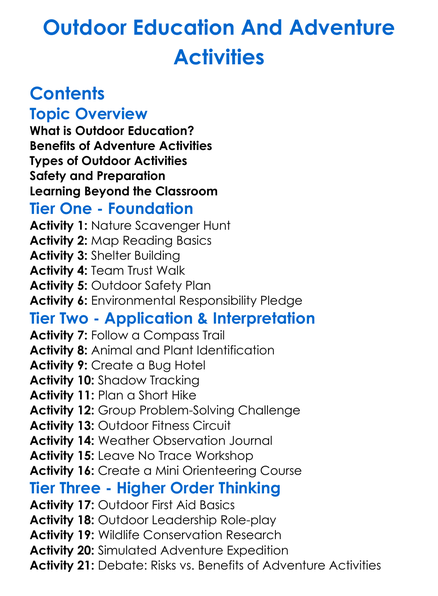 Outdoor Education And Adventure Activities Worksheet Activity Booklet