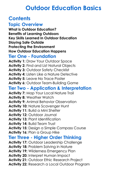 Outdoor Education Basics Worksheet Activity Booklet