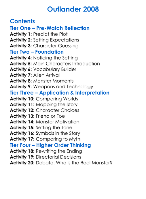 Outlander 2008 Worksheet Activity Booklet
