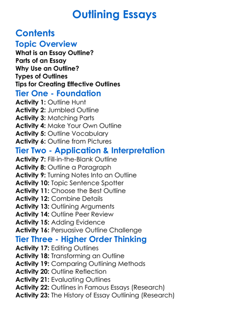 Outlining Essays Worksheet Activity Booklet