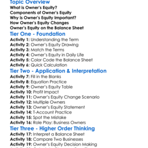 Owners Equity Worksheet Activity Booklet