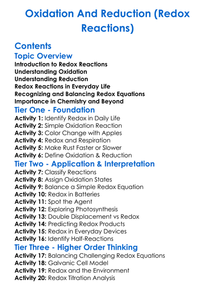 Oxidation And Reduction Redox Reactions Worksheet Activity Booklet