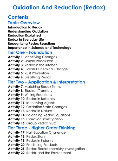 Oxidation And Reduction Redox Worksheet Activity Booklet