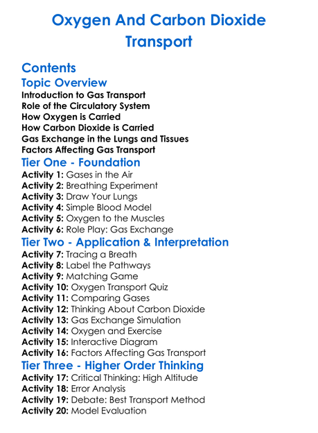 Oxygen And Carbon Dioxide Transport Worksheet Activity Booklet