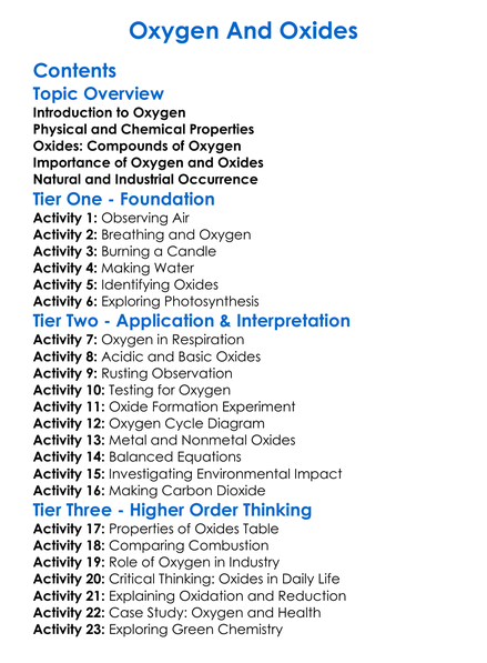 Oxygen And Oxides Worksheet Activity Booklet