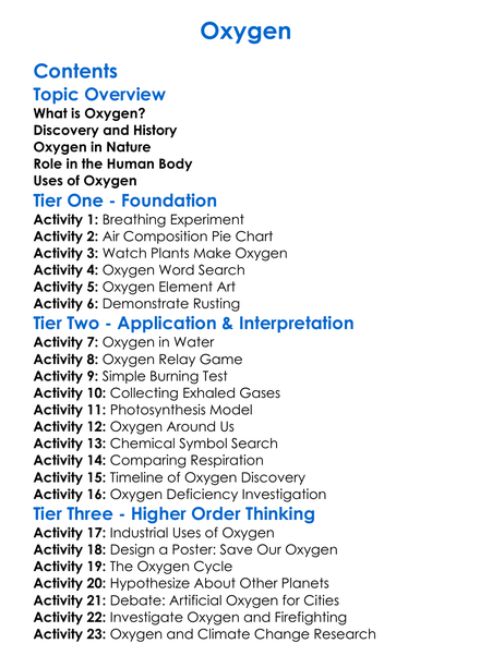 Oxygen Worksheet Activity Booklet