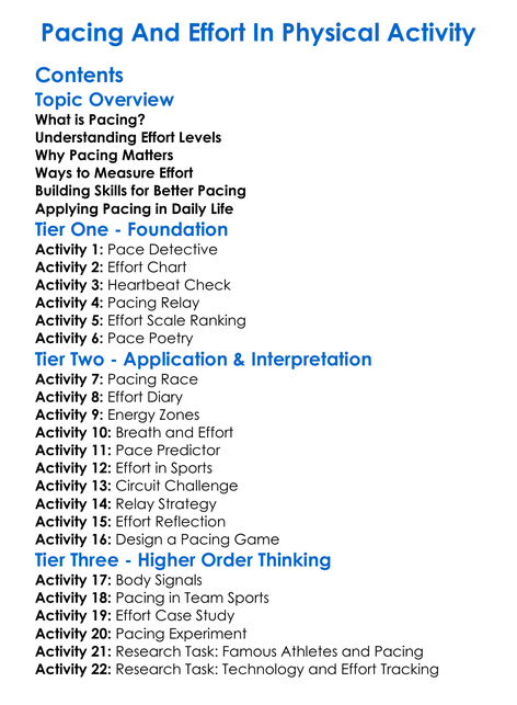 Pacing And Effort In Physical Activity Worksheet Activity Booklet
