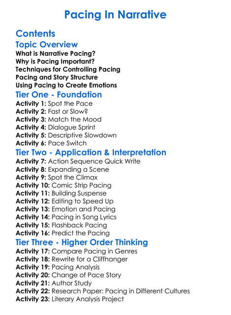 Pacing In Narrative Worksheet Activity Booklet
