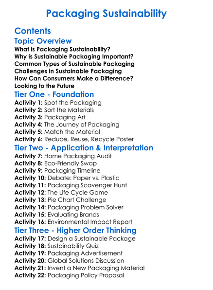 Packaging Sustainability Worksheet Activity Booklet