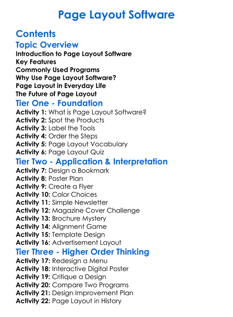 Page Layout Software Worksheet Activity Booklet