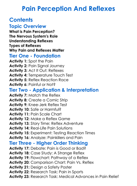 Pain Perception And Reflexes Worksheet Activity Booklet