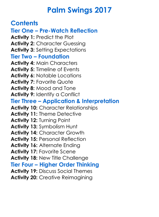 Palm Swings 2017 Worksheet Activity Booklet