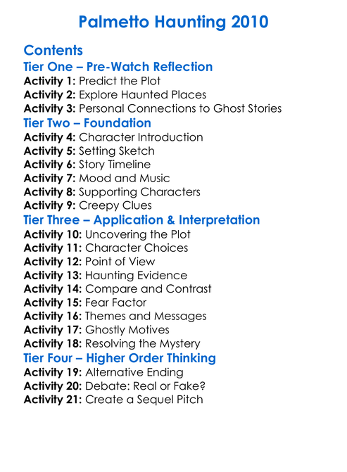 Palmetto Haunting 2010 Worksheet Activity Booklet