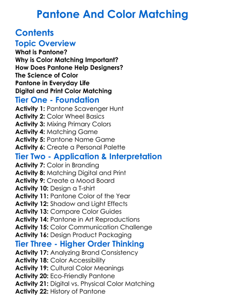 Pantone And Color Matching Worksheet Activity Booklet
