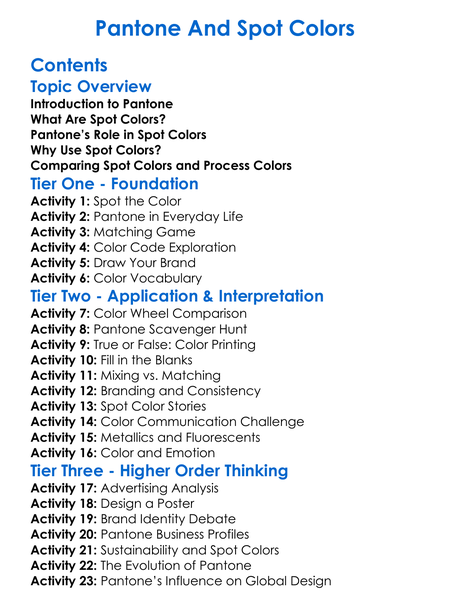 Pantone And Spot Colors Worksheet Activity Booklet