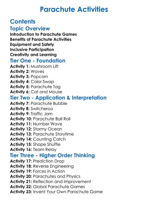 Parachute Activities Worksheet Activity Booklet