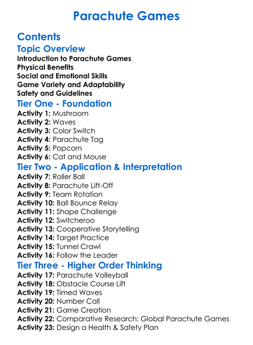 Parachute Games Worksheet Activity Booklet