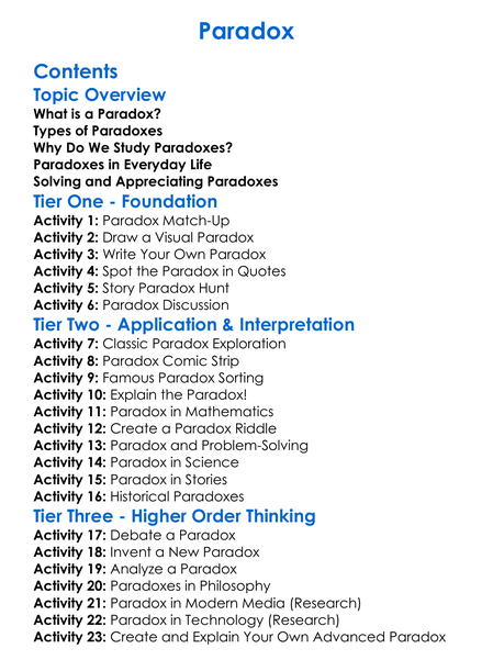 Paradox Worksheet Activity Booklet