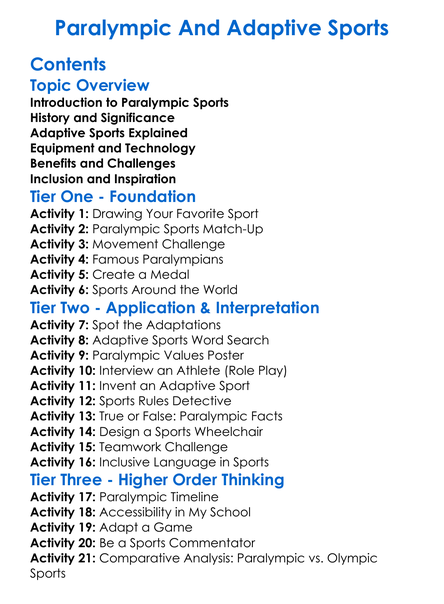 Paralympic And Adaptive Sports Worksheet Activity Booklet