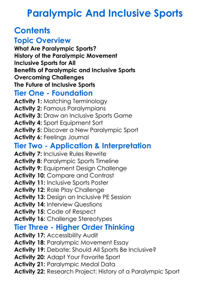 Paralympic And Inclusive Sports Worksheet Activity Booklet