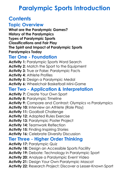 Paralympic Sports Introduction Worksheet Activity Booklet