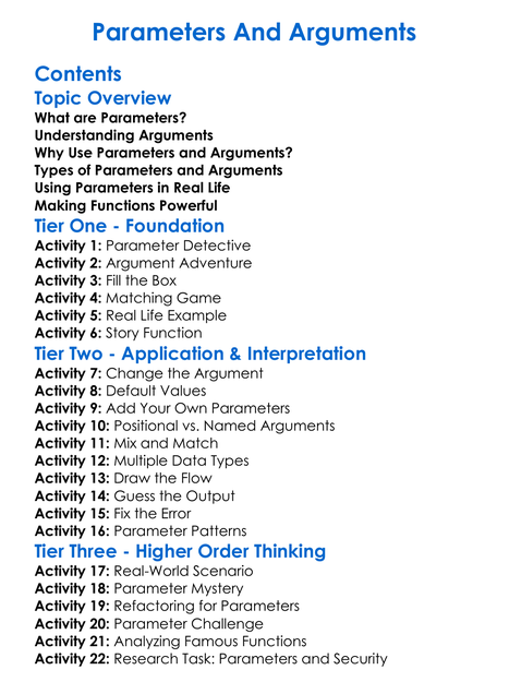 Parameters And Arguments Worksheet Activity Booklet