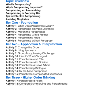 Paraphrasing Information Worksheet Activity Booklet