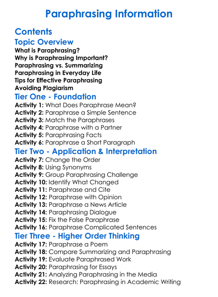 Paraphrasing Information Worksheet Activity Booklet