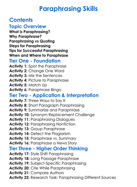 Paraphrasing Skills Worksheet Activity Booklet