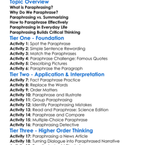 Paraphrasing Worksheet Activity Booklet