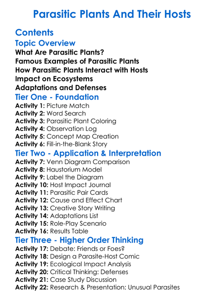 Parasitic Plants And Their Hosts Worksheet Activity Booklet