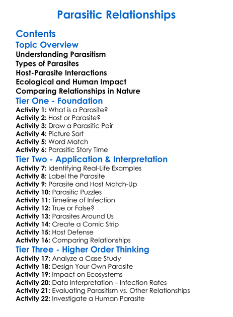 Parasitic Relationships Worksheet Activity Booklet