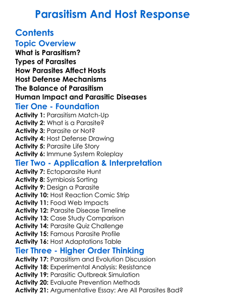 Parasitism And Host Response Worksheet Activity Booklet