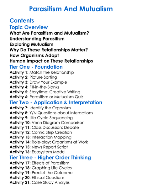 Parasitism And Mutualism Worksheet Activity Booklet