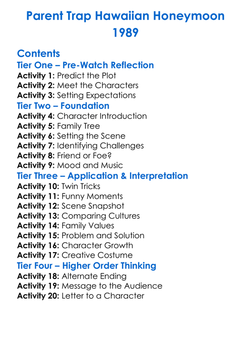 Parent Trap Hawaiian Honeymoon 1989 Worksheet Activity Booklet