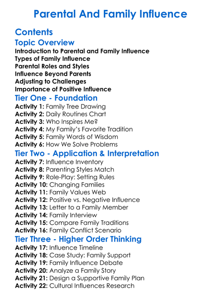 Parental And Family Influence Worksheet Activity Booklet