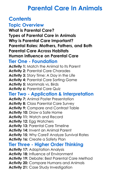 Parental Care In Animals Worksheet Activity Booklet