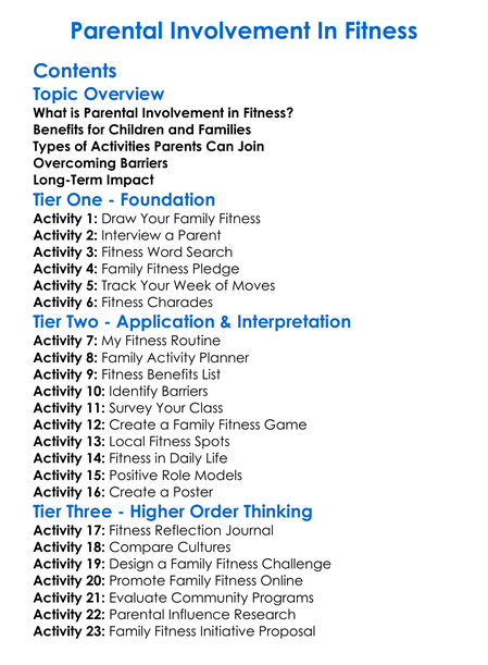 Parental Involvement In Fitness Worksheet Activity Booklet