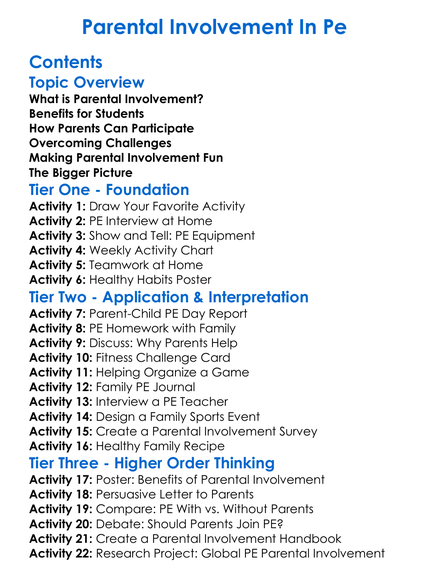 Parental Involvement In Pe Worksheet Activity Booklet