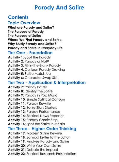 Parody And Satire Worksheet Activity Booklet