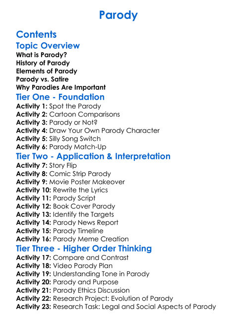 Parody Worksheet Activity Booklet