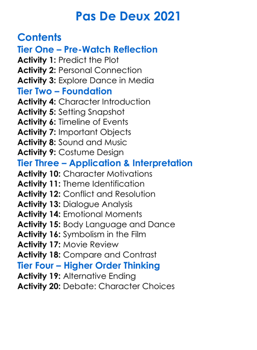 Pas De Deux 2021 Worksheet Activity Booklet