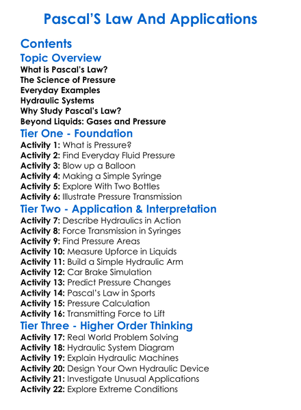 Pascals Law And Applications Worksheet Activity Booklet