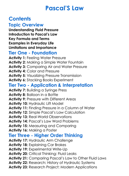Pascals Law Worksheet Activity Booklet