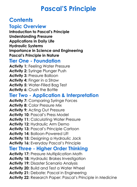 Pascals Principle Worksheet Activity Booklet