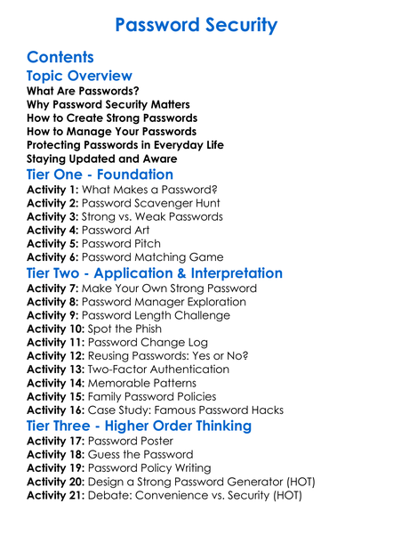 Password Security Worksheet Activity Booklet